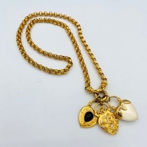 JOAN RIVERS Vintage Heavy Long Gold Tone Heart 3 Charm Statement Necklace